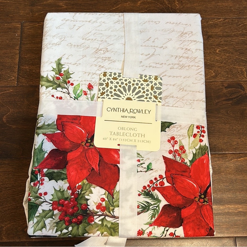 Cynthia Rowley 60”x84” tablecloth Christmas poinsettia